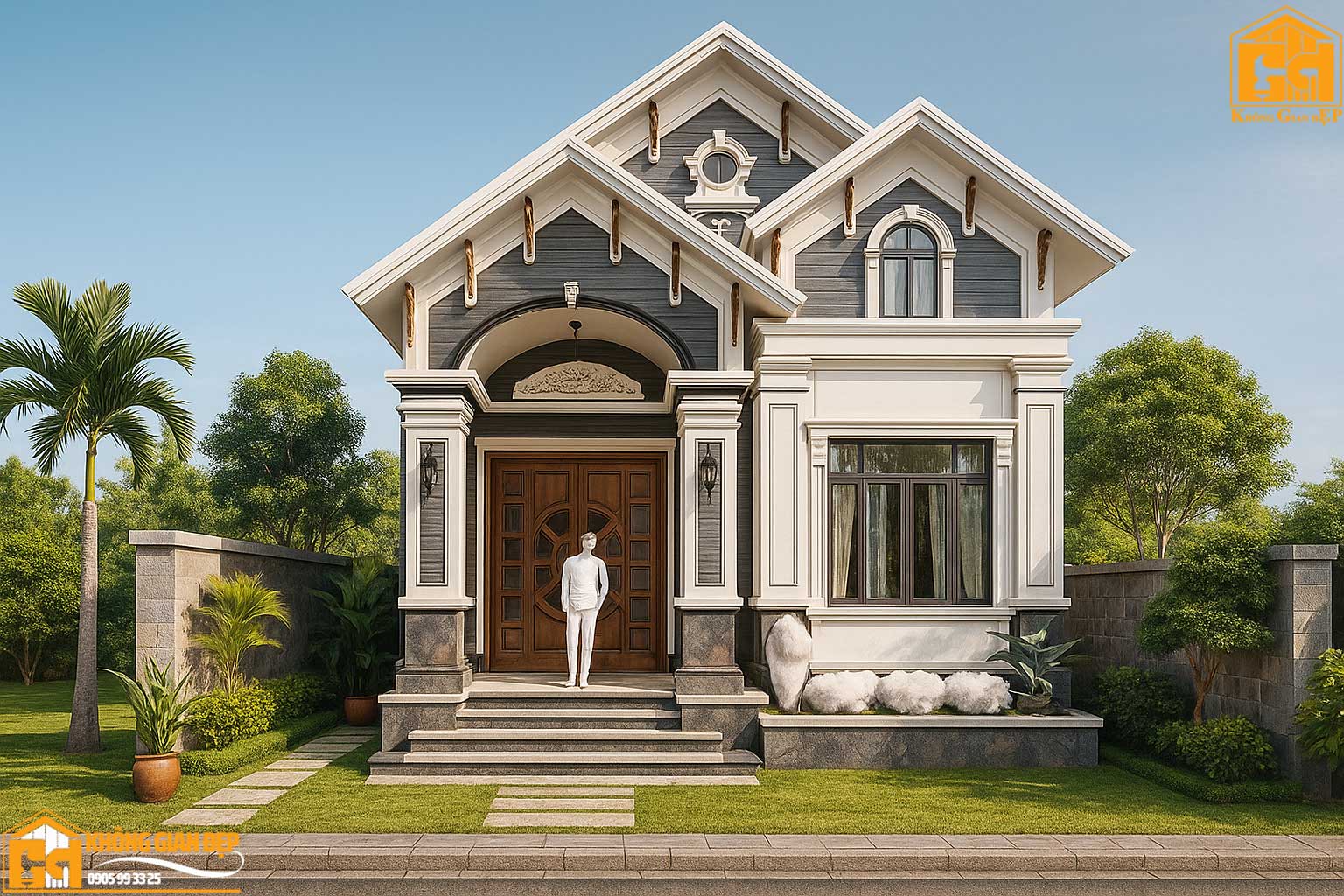 Phối cảnh tổng thể mẫu thiết kế nhà tại Đà Nẵng - biệt thự mái Thái 1 tầng sân vườn.