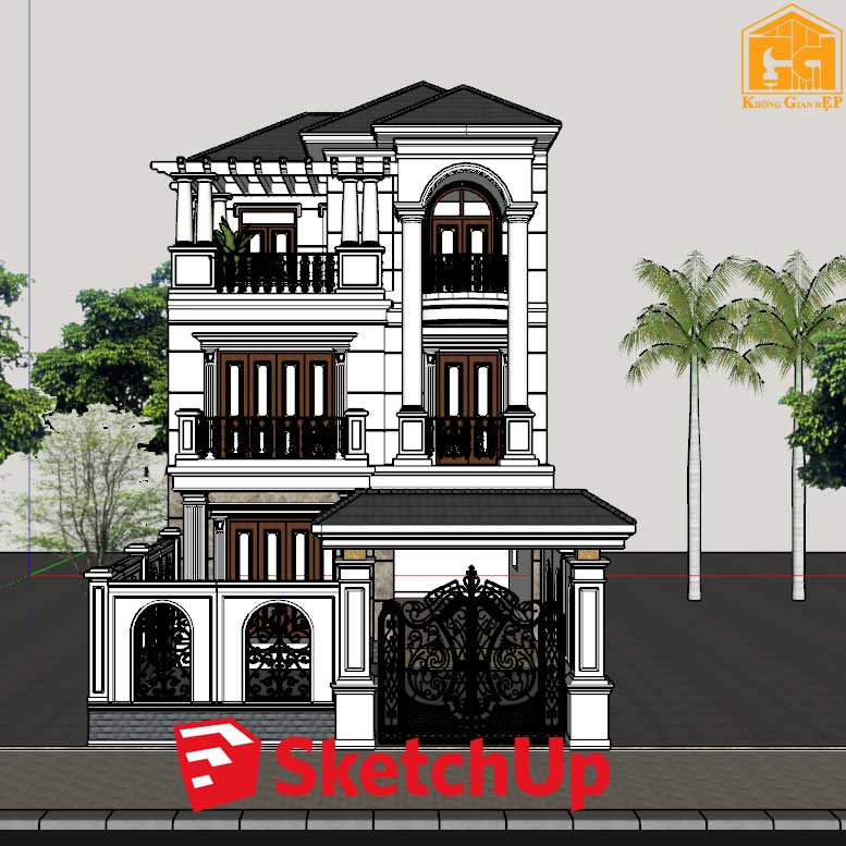 File SketchUp mô hình 3D biệt thự 3 tầng phong cách tân cổ điển hoài niệm.