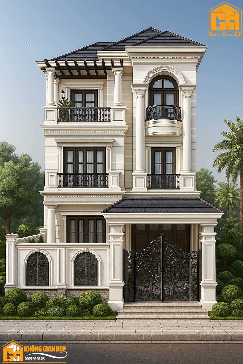 Phối cảnh mặt tiền biệt thự 3 tầng tân cổ điển phong cách hoài niệm ban ngày.