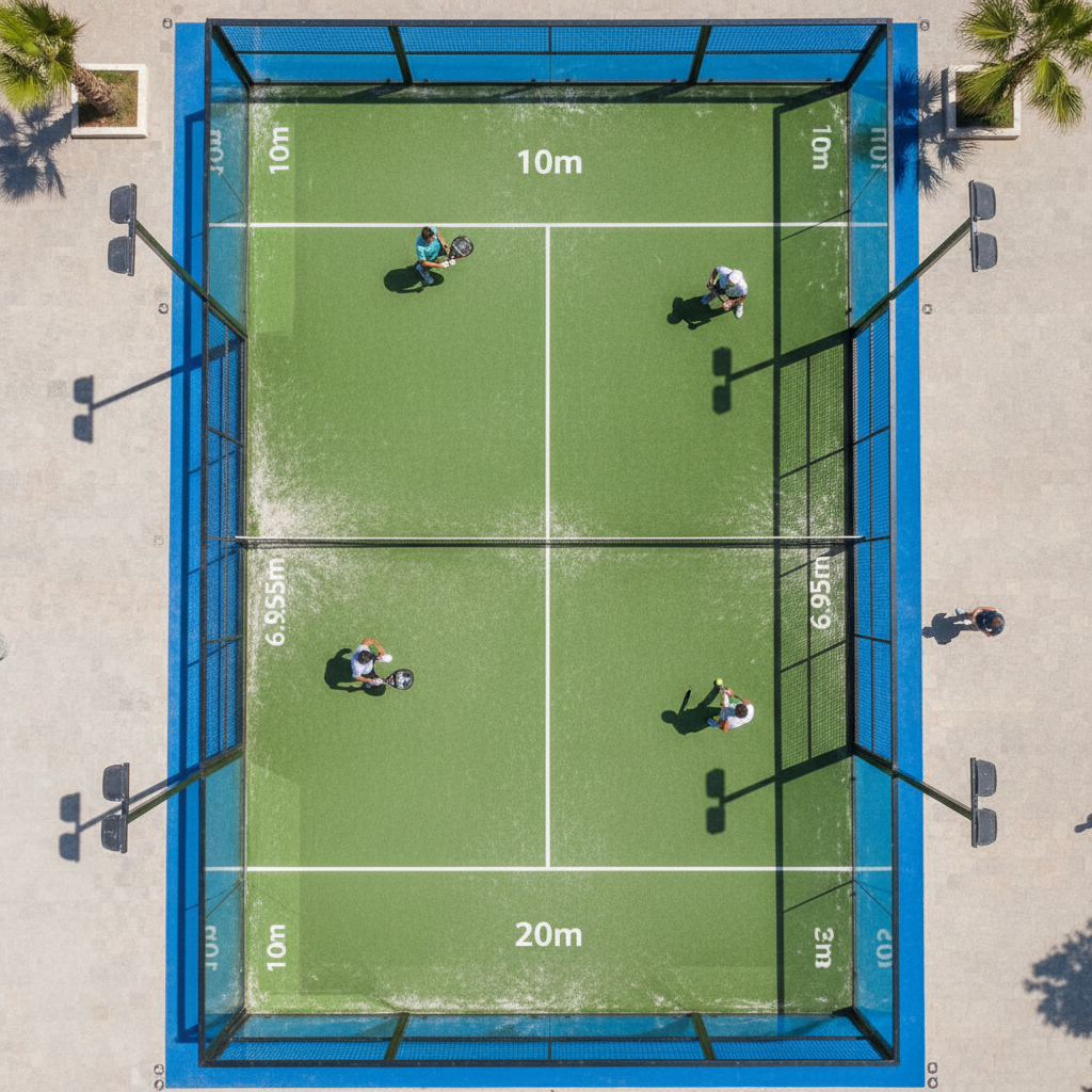 Photorealistic overhead drone shot of a blue padel court with white lines, clearly showing the 20m x 10m rectangular grid, contrasting with a larger, fainter tennis court outline overlaid in red for scale comparison.