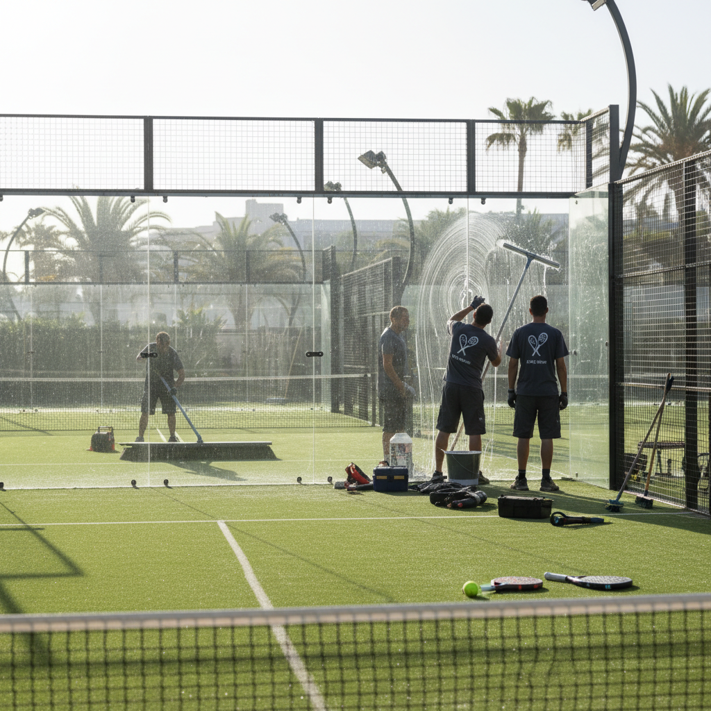 Maintenance worker brushing sand on padel turf
