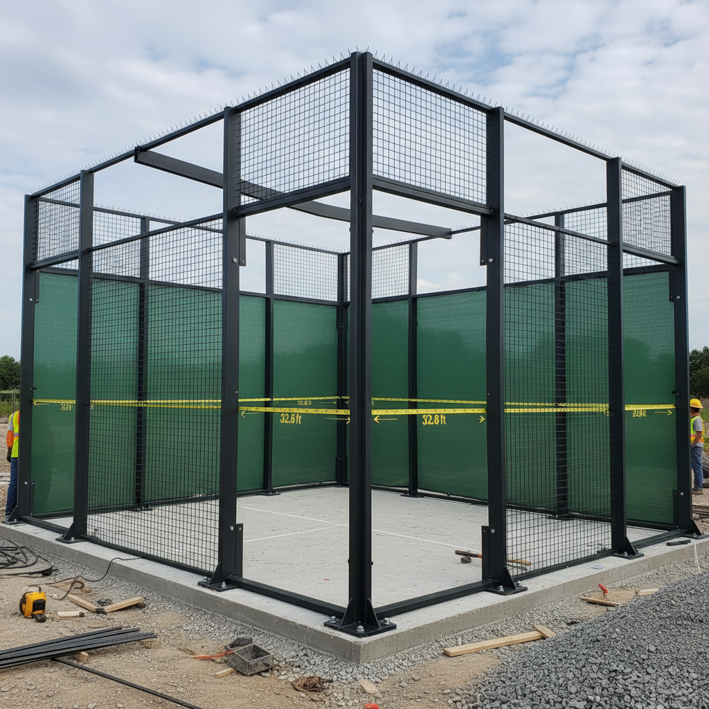 Photorealistic close-up of a padel net and center strap, showing the tensioning mechanism and height measurement.