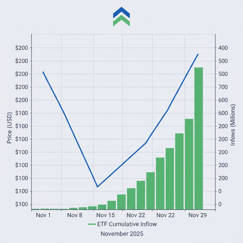 Chart showing Solana price dropping while ETF inflows rise sharply in late 2025