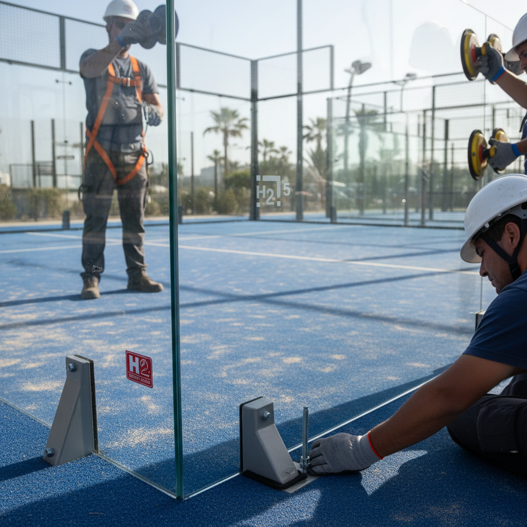 Close-up of padel court glass installation, focusing on the handling of large tempered glass panels.