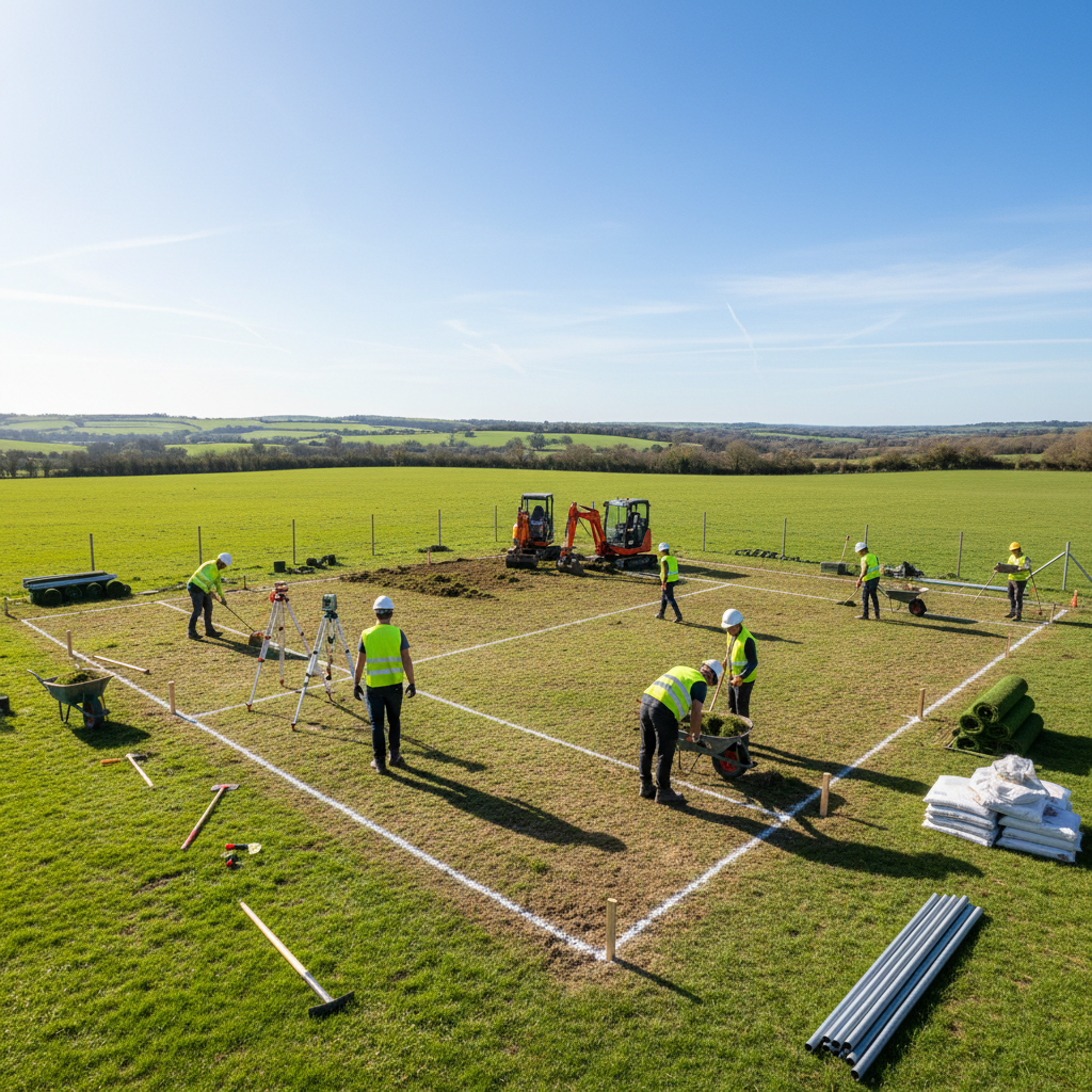 Site preparation for a padel court, showing the cleared ground and initial layout.