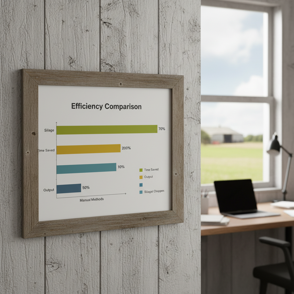 Photorealistic infographic style image showing a pile of money on one side of a scale and the machine on the other, with the machine side tipping the scale, representing value.