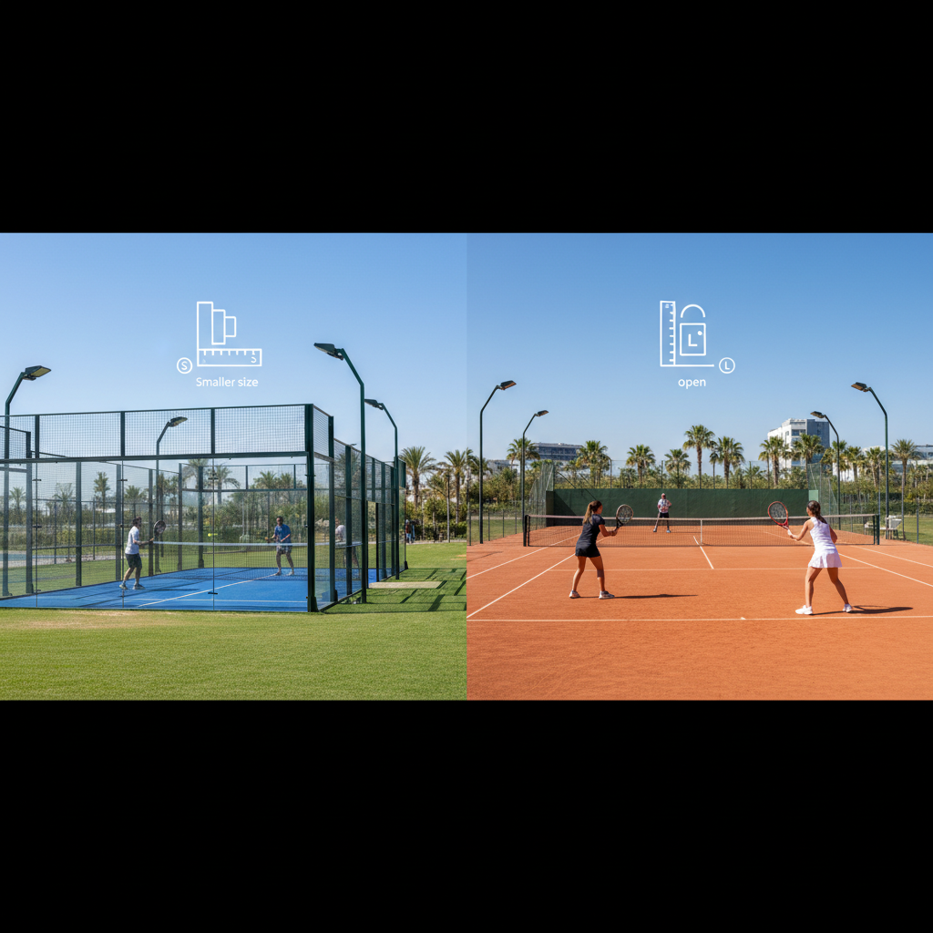 Diagram comparing tennis court vs padel field dimensions