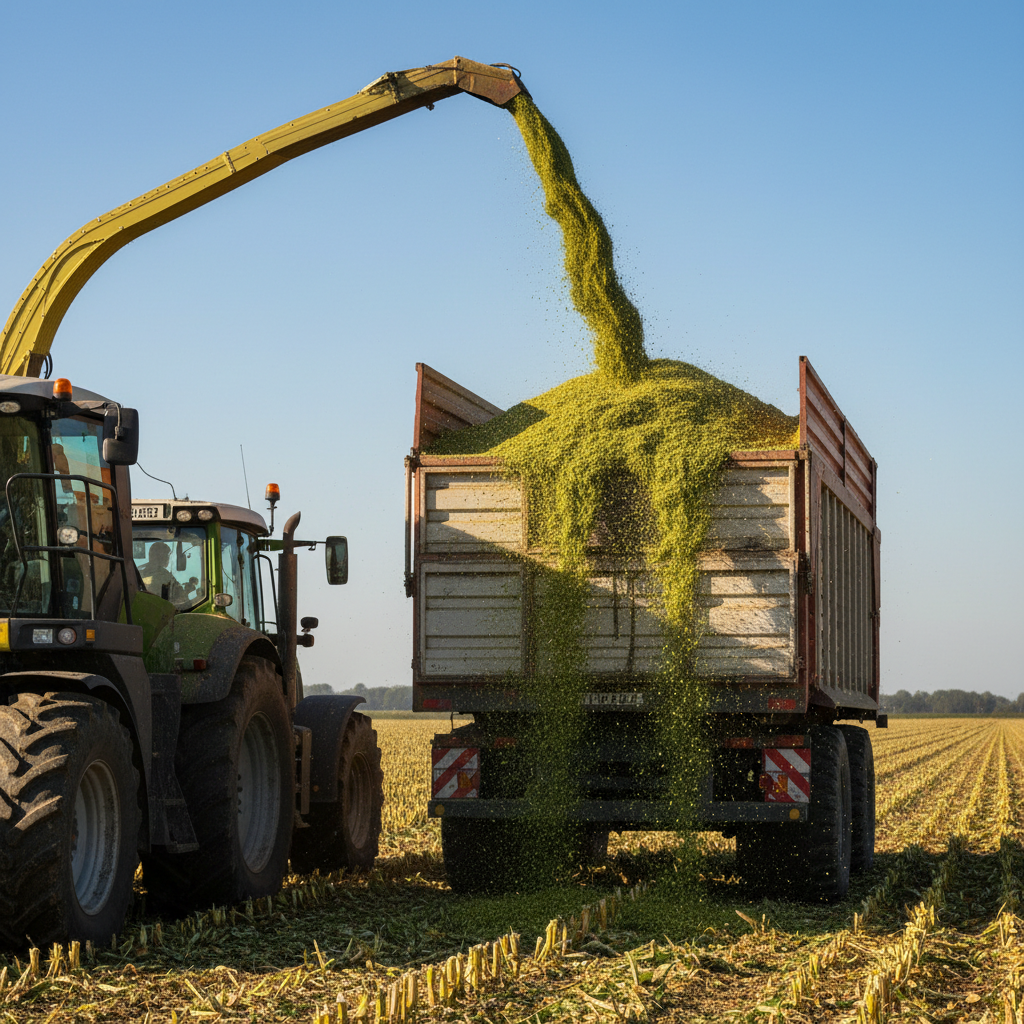 Photorealistic side-by-side comparison of three different sizes of Silage Choppers in a showroom, with specifications floating above them.