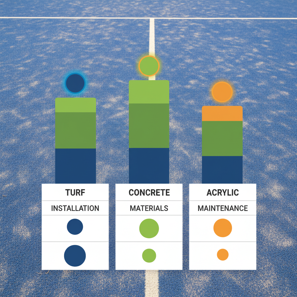 Photorealistic bar chart graphic placed on a clipboard, comparing costs of 'Basic Concrete', 'Fibrillated Turf', and 'Premium Monofilament' with dollar signs indicating relative value.
