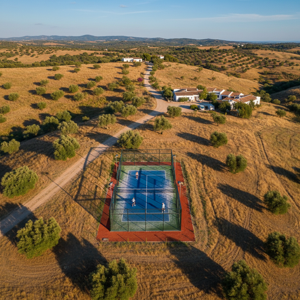 Aerial view of an outdoor padel court orientation, showing the court layout in a natural environment.