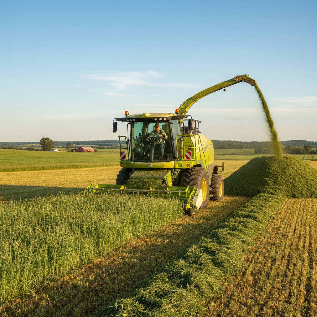 Photorealistic wide shot of a modern farm showing a bright red Silage Chopper Grain Grinder in operation next to a pile of corn stalks, with a farmer inspecting the output, golden hour lighting.