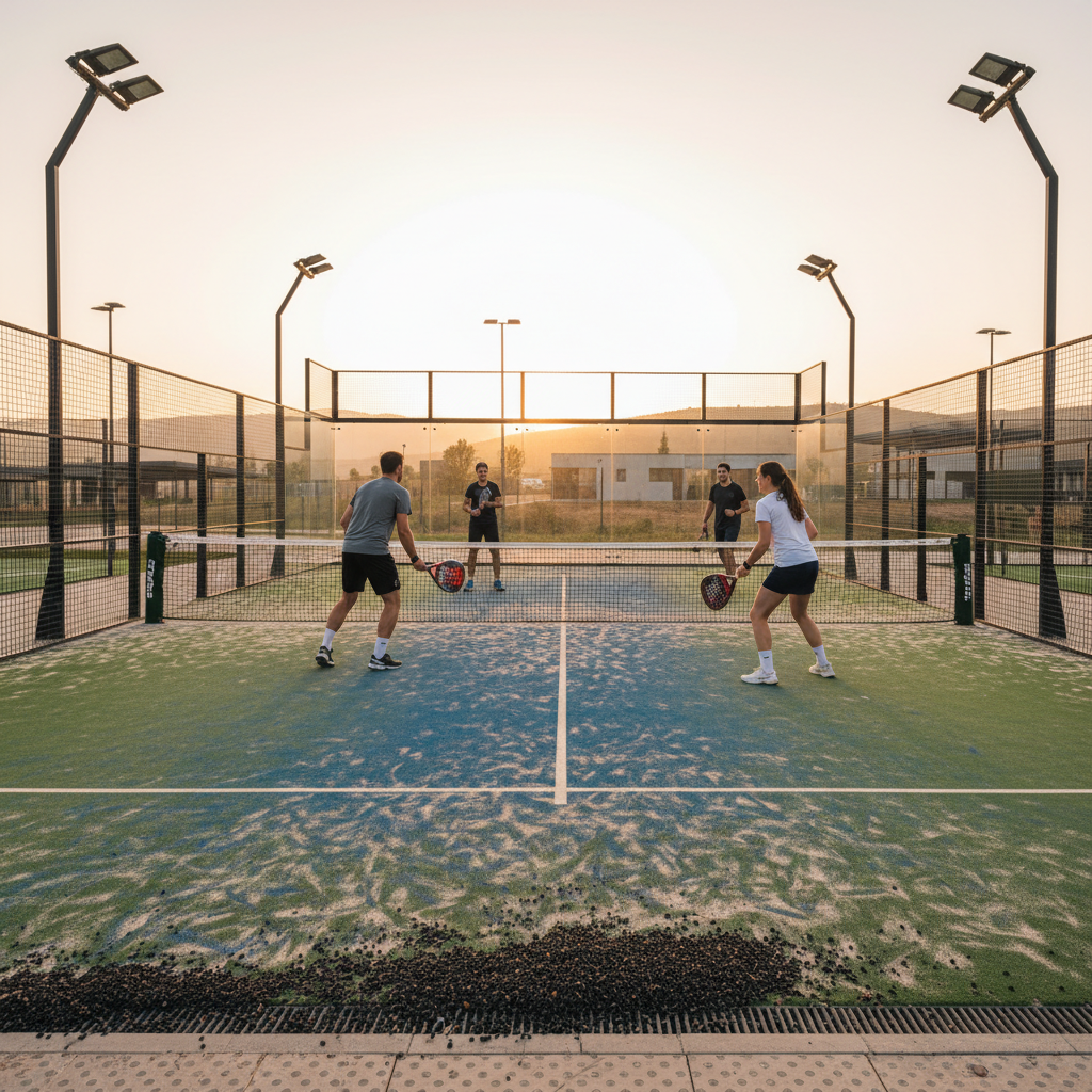 Photorealistic eye-level view of a hand holding a padel racket touching a textured blue turf surface, with a blurred background showing an outdoor coastal setting to imply weather considerations.