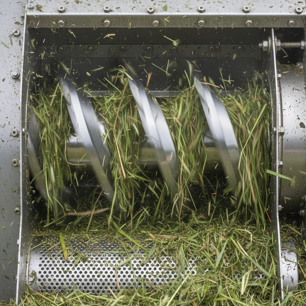 Photorealistic diagram overlay on a machine photo showing flow arrows: corn stalks entering the feed port, passing through blades, and exiting as fine powder, clean studio lighting.