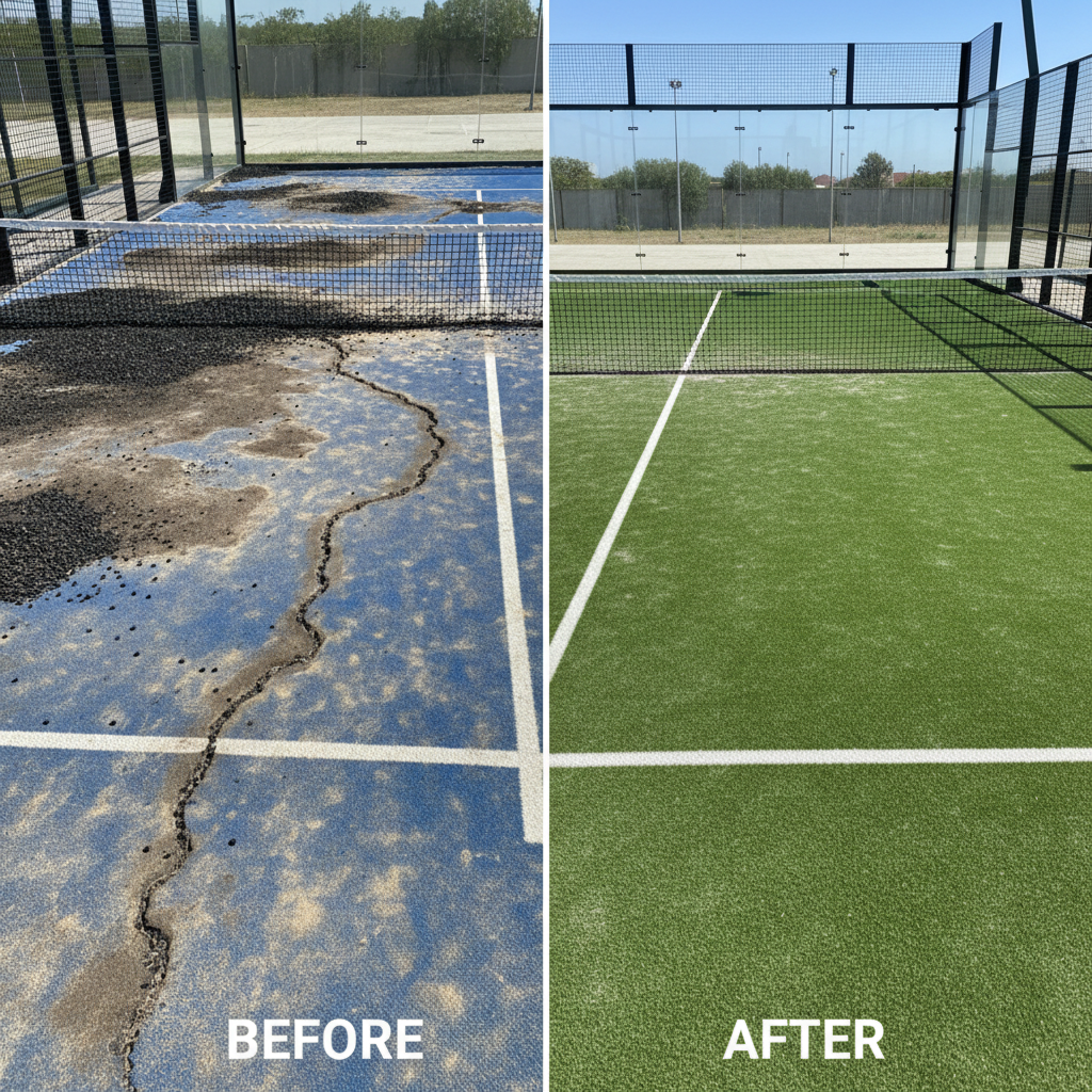 Photorealistic rendering of a player's shoe sliding in a controlled manner on sandy blue turf, visualizing the friction and impact absorption.