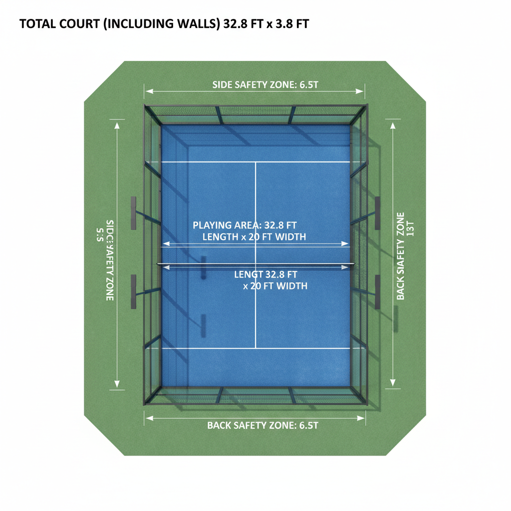 High-angle orthographic architectural diagram of a blue padel court on a white background, clearly labeling dimensions in feet and inches with crisp black lines.