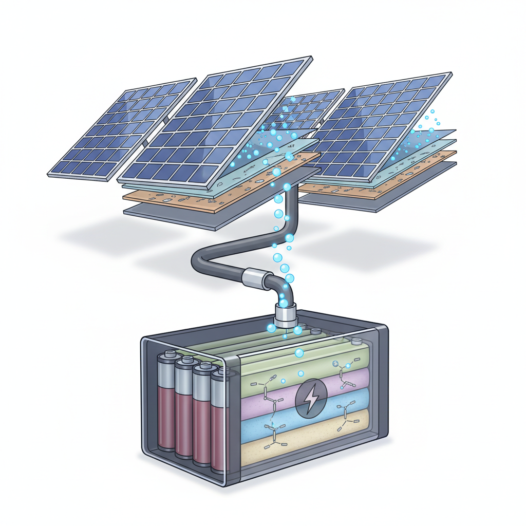 Solar energy storage fundamental process showing panels feeding battery unit