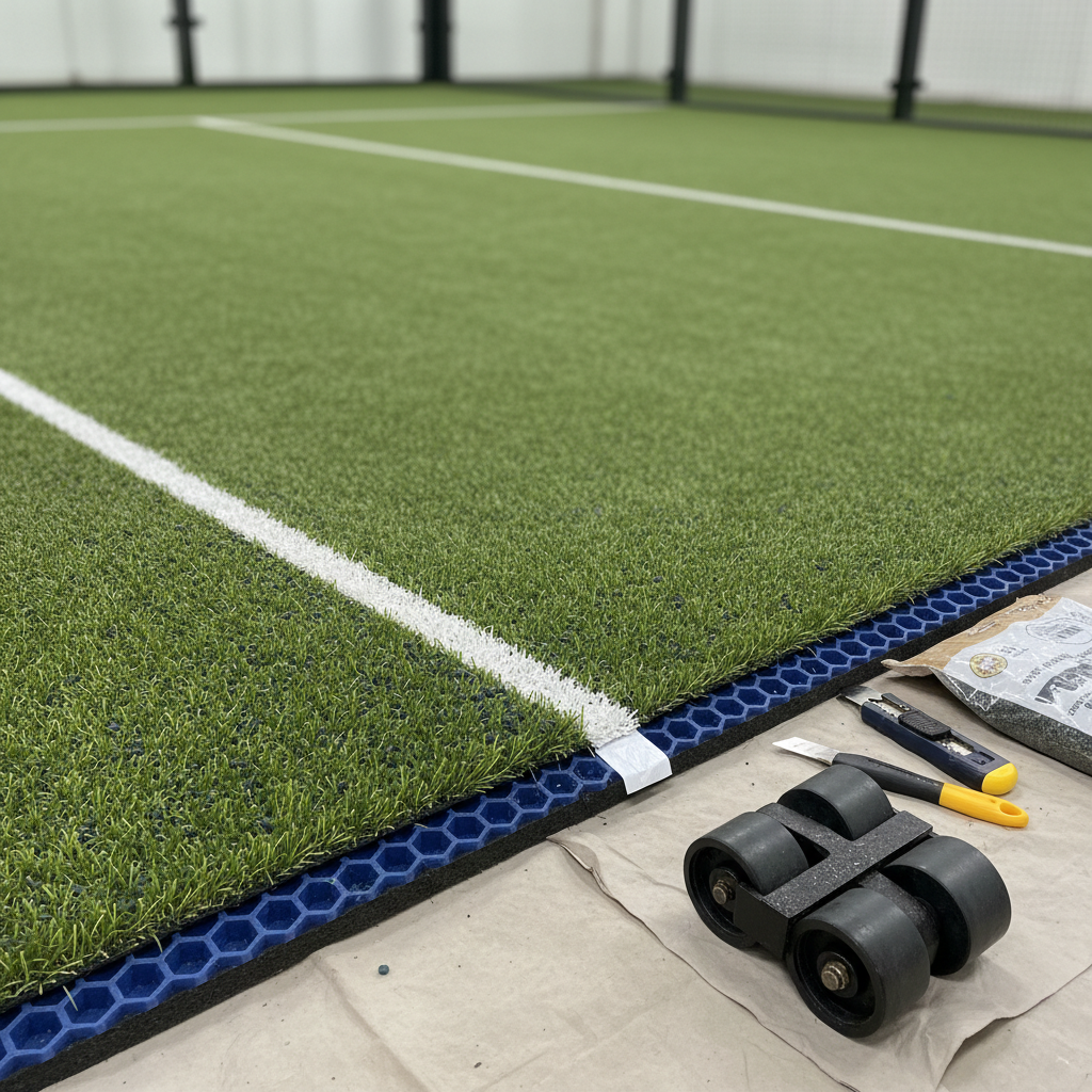 Close up of blue monofilament padel turf