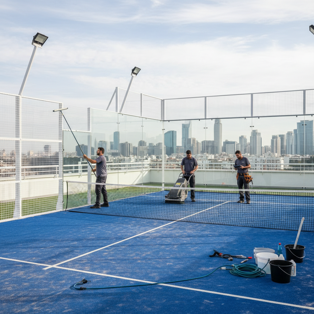 Maintenance worker cleaning glass and brushing turf
