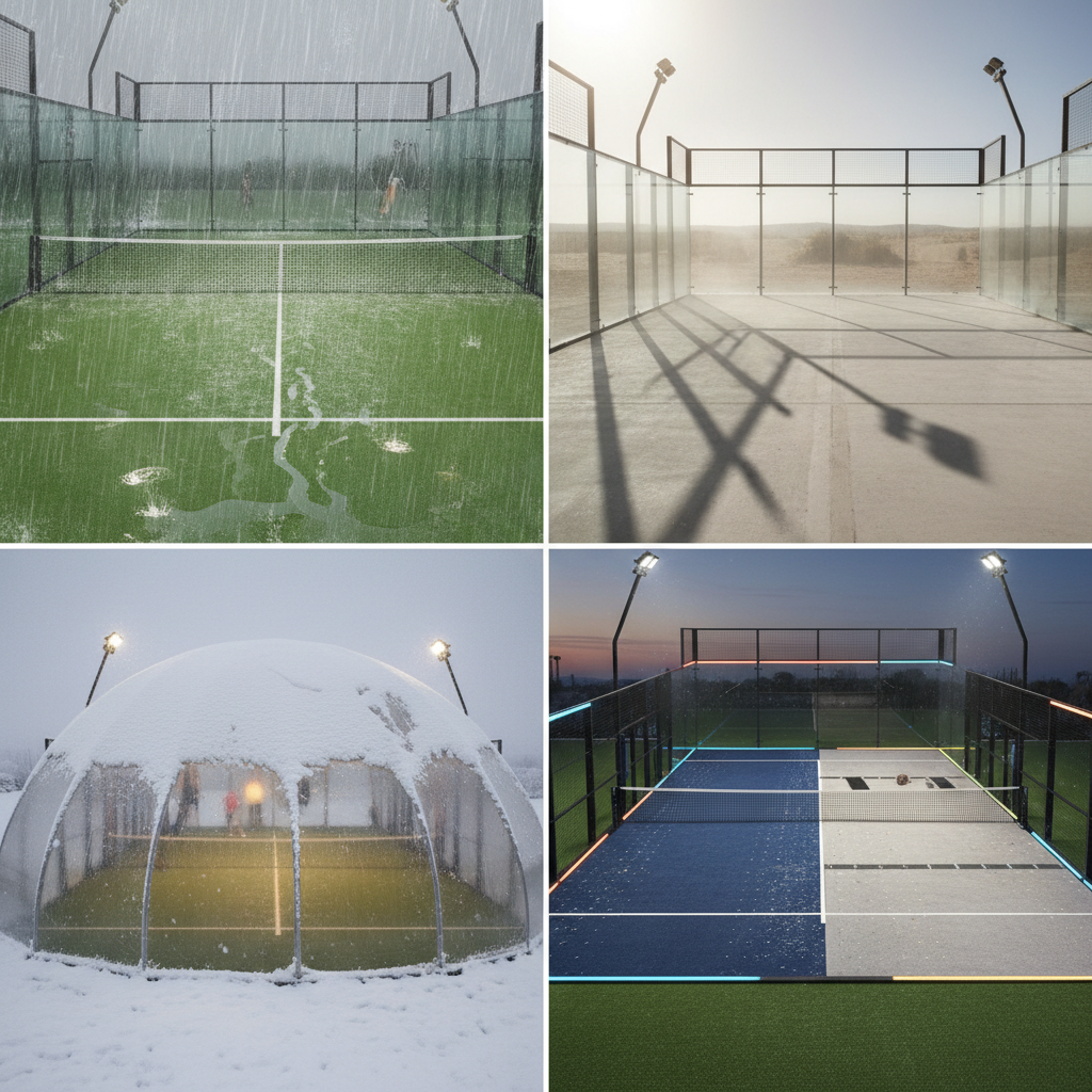 Photorealistic view of an outdoor padel court in the rain, showing water draining perfectly through the porous surface without forming puddles.