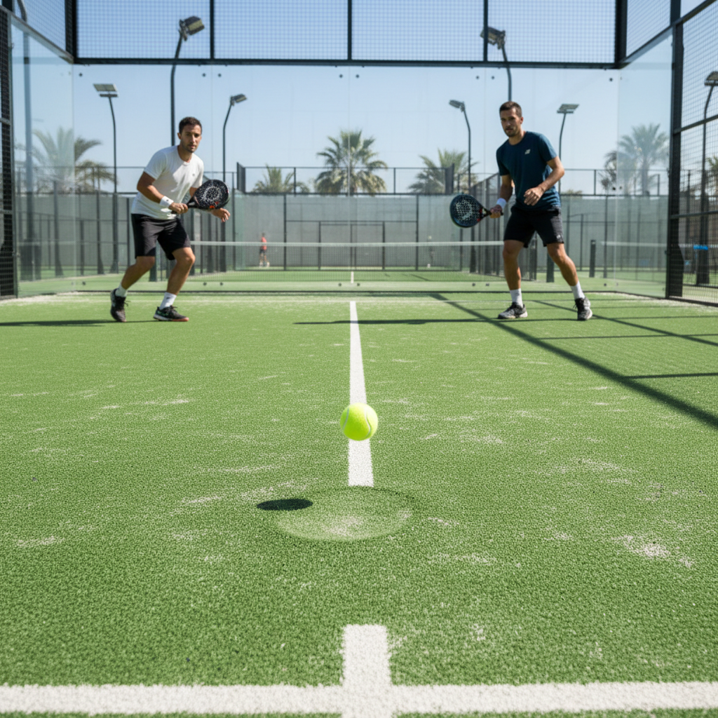 Photorealistic cross-section diagram of a padel court foundation, showing layers of compacted earth, gravel, damp-proof membrane, and reinforced concrete slab.