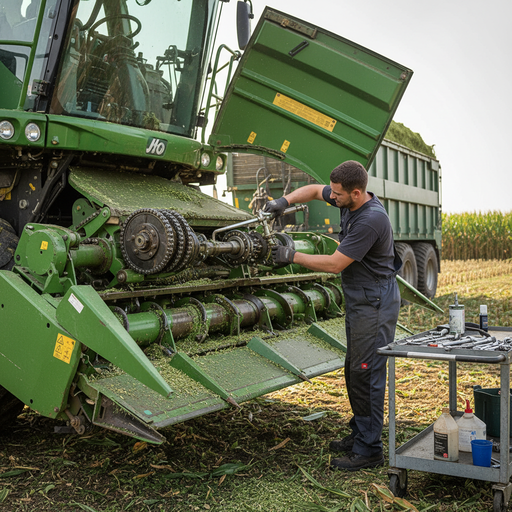 Photorealistic workshop scene showing a mechanic applying grease to the bearing of the machine, tools neatly organized, emphasizing ease of maintenance.