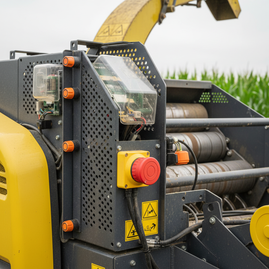 Photorealistic image of a safety operator wearing gloves and goggles, pointing to the emergency stop lever on the machine, industrial safety setting.