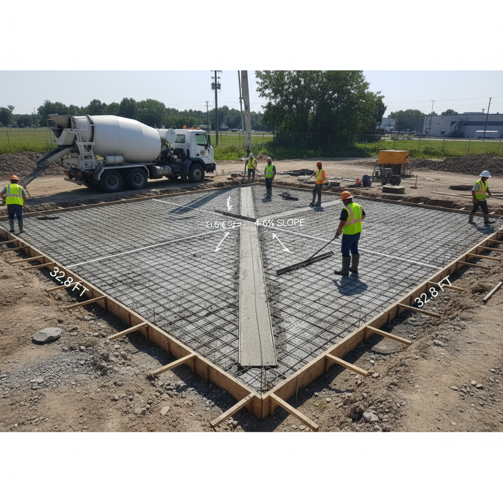 Construction site scene showing a freshly poured concrete slab for a padel court with safety clearances marked.