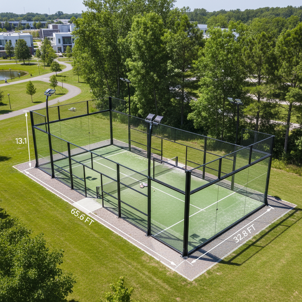 Aerial overview of an outdoor padel facility showing courts in a natural environment.