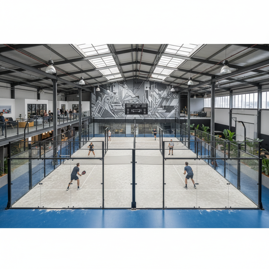 Interior view of a converted warehouse with padel courts