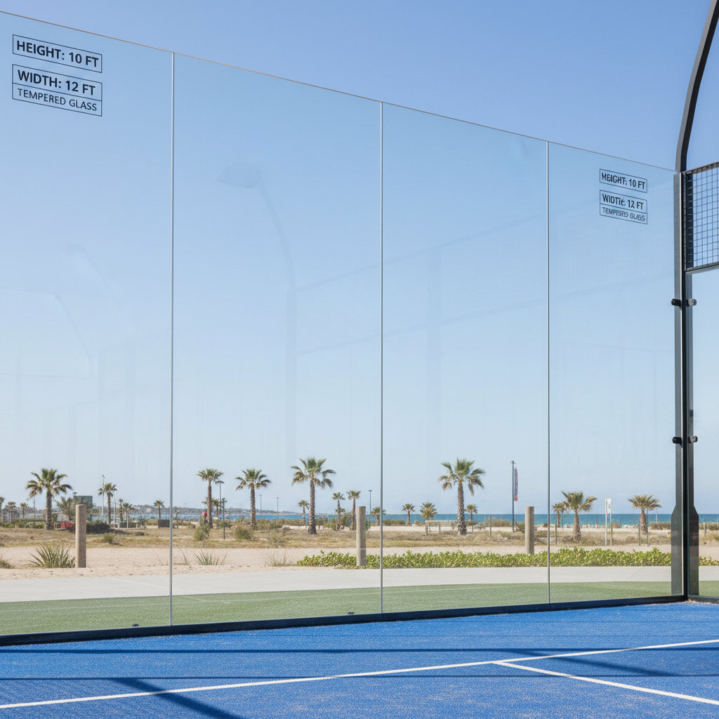 Close-up engineering schematic overlaying a photo of a glass padel wall corner, highlighting the transition from 4-meter back wall to 3-meter side wall.