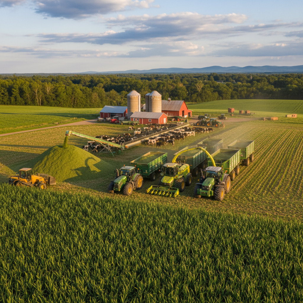 Photorealistic action shot of a farmer loading the machine, with a visual graph overlay in the background showing an upward trend line labeled 'Efficiency', sunny farm setting.
