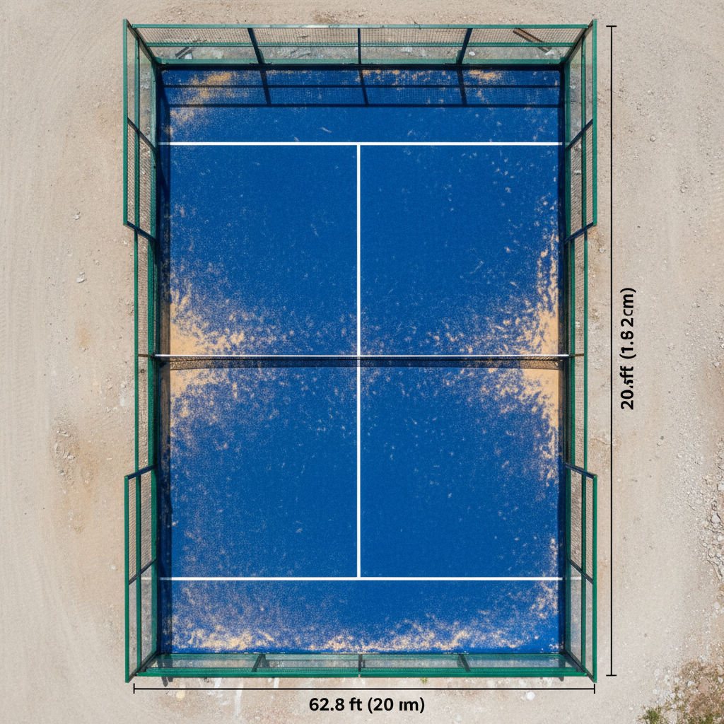 Top-down drone view of a padel court layout highlighting the total footprint and perimeter clearance zones.