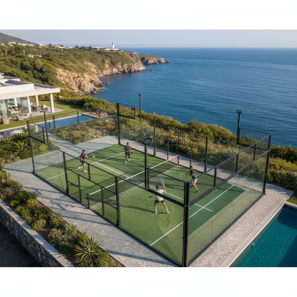 Aerial view of a panoramic padel court with blue turf