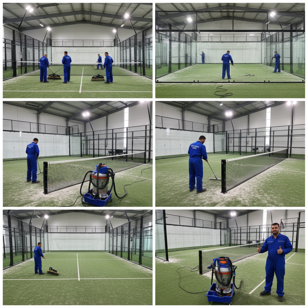 Maintenance crew brushing a padel court