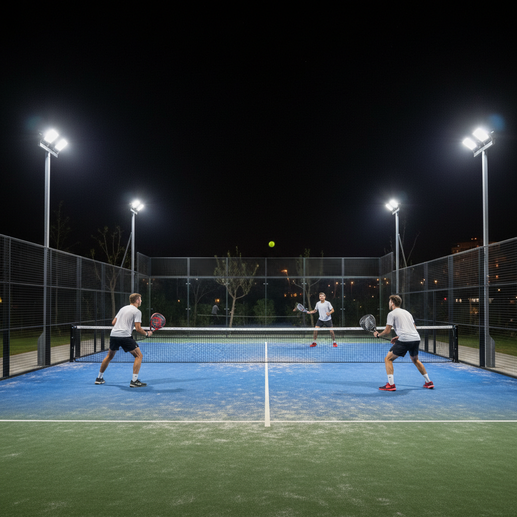Outdoor padel court lighting system illuminating the court at night.