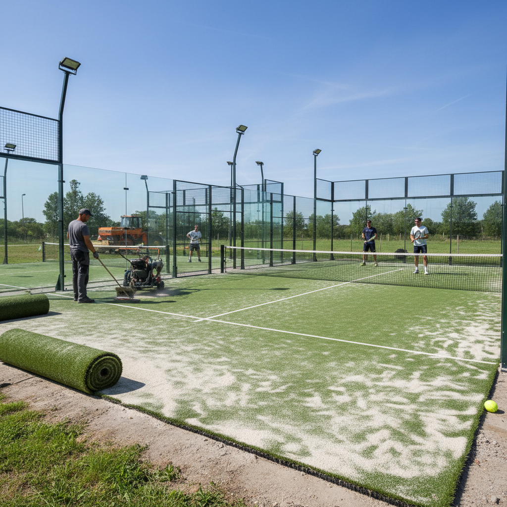 Installation of artificial turf on a padel court, showing rolls of green grass.