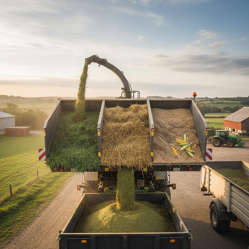 Photorealistic collection of raw materials on the left (corn stalks, soybean plants, sweet potato vines) and processed fine feed on the right, separated by the machine.