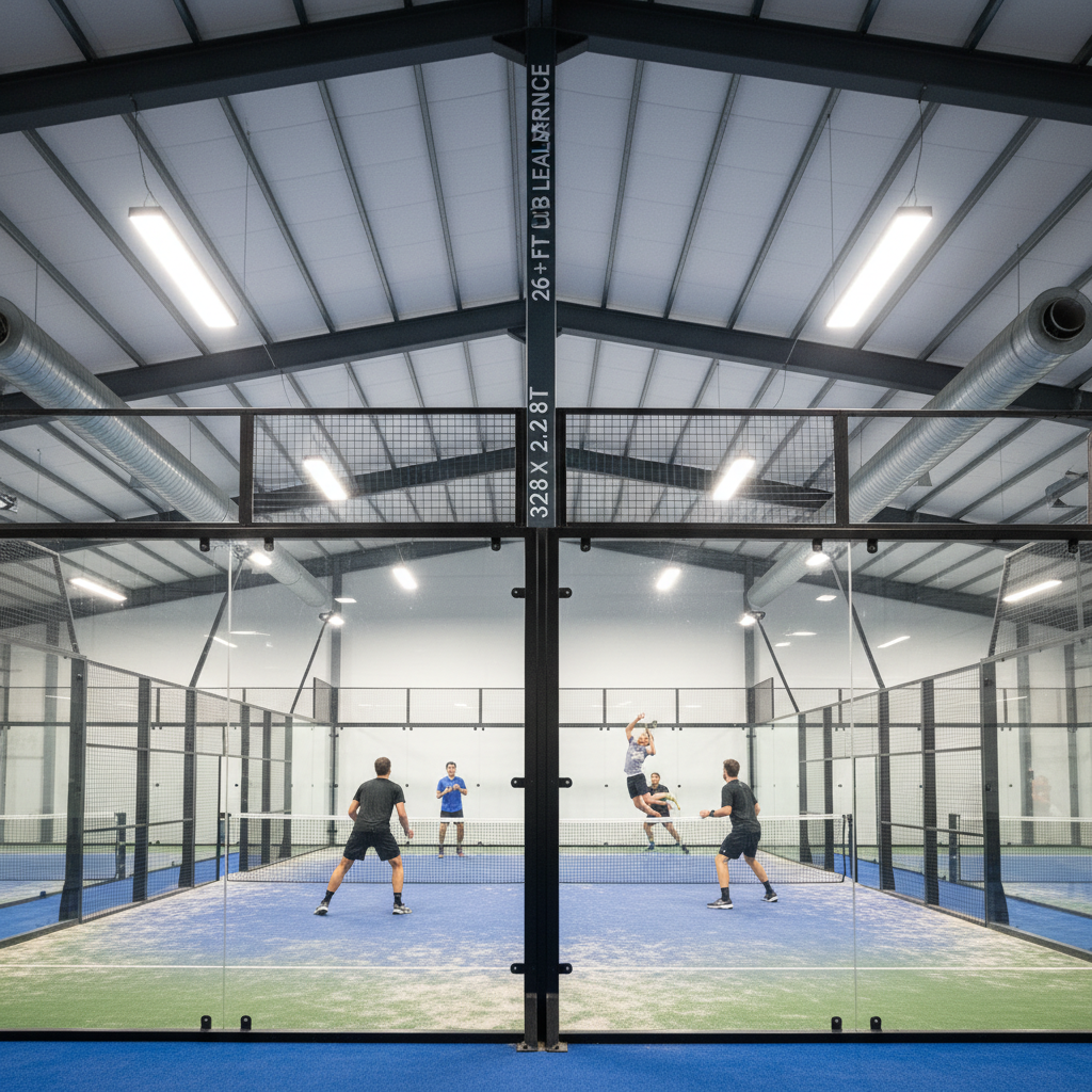Interior shot of padel court ceiling structure showing height clearance and lighting fixtures.