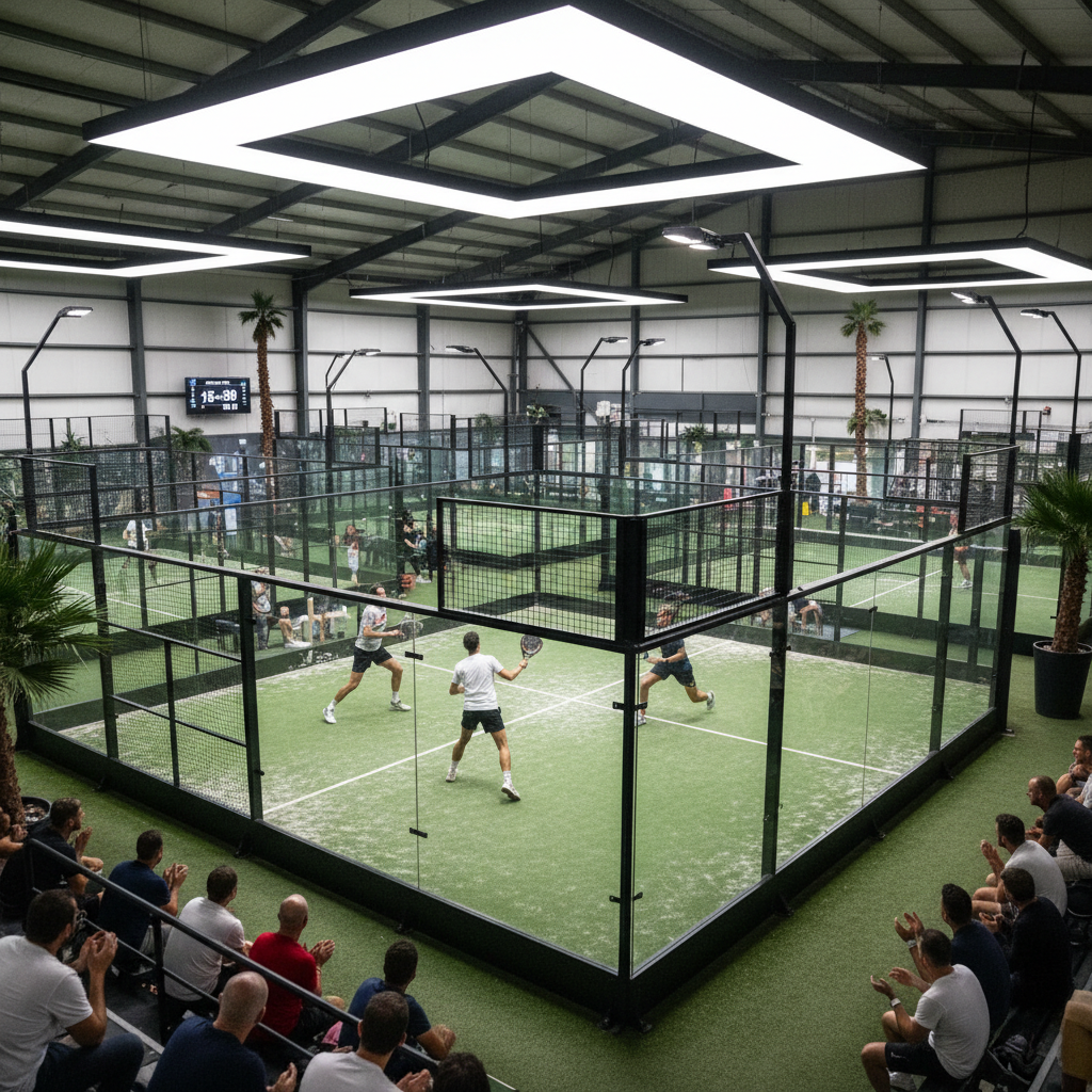 Modern padel court match showing panoramic structure