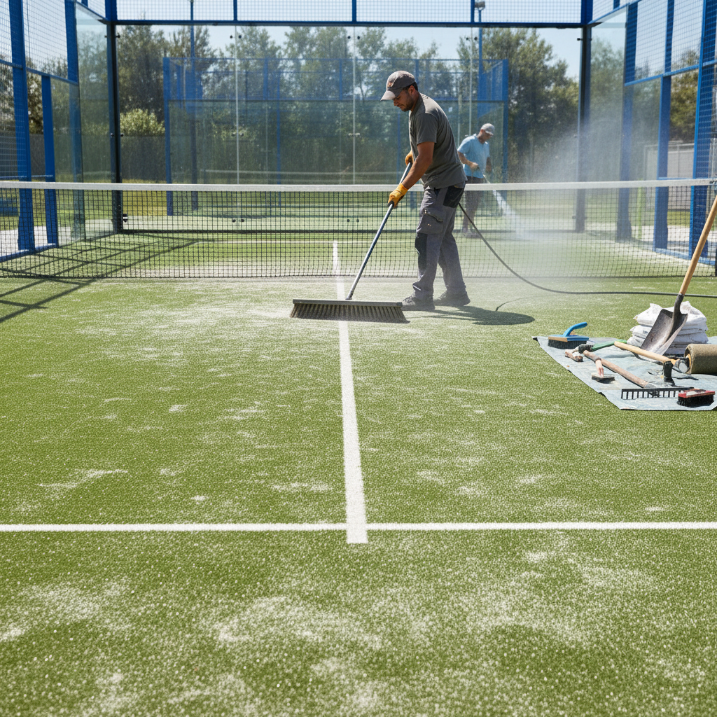 Photorealistic infographic timeline showing the lifecycle of a padel court surface from installation (Year 0) to replacement (Year 7), with maintenance milestones marked.