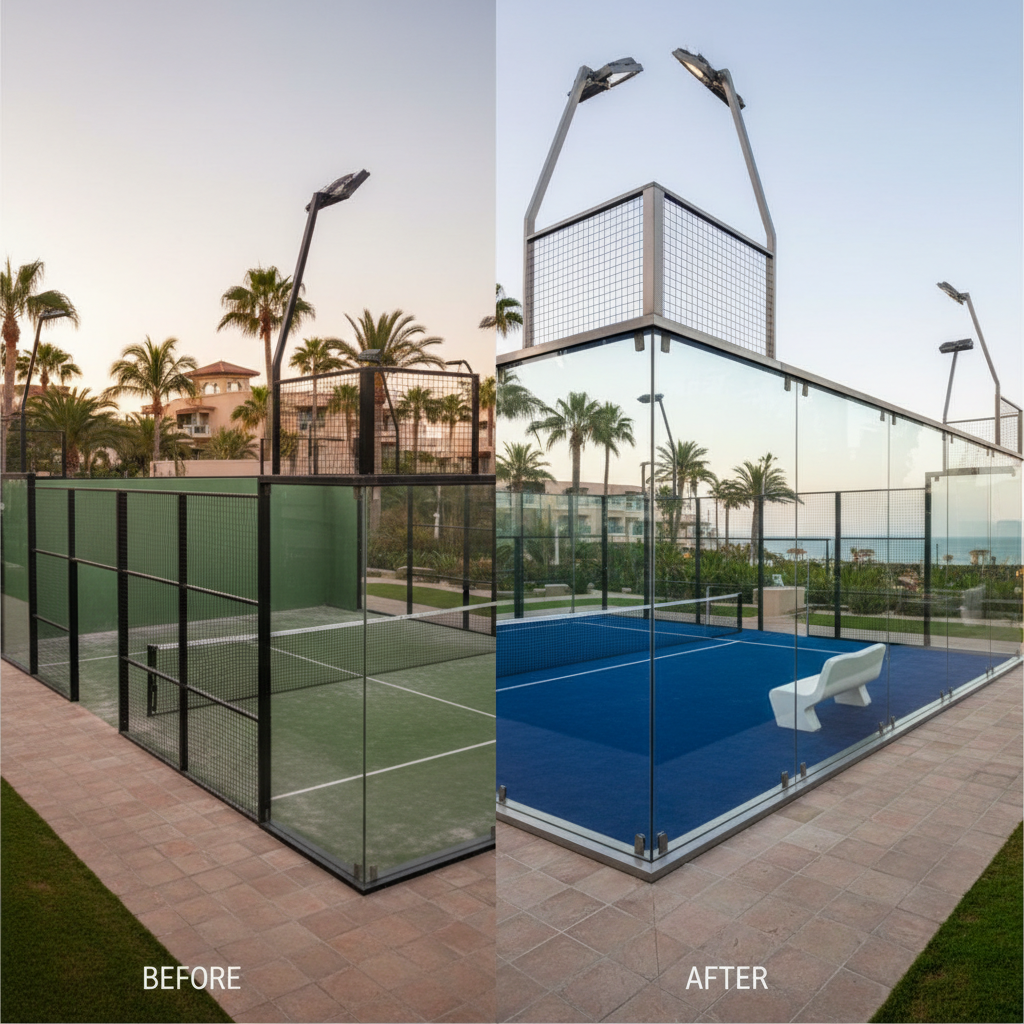 Modern panoramic padel court with blue turf and clear glass