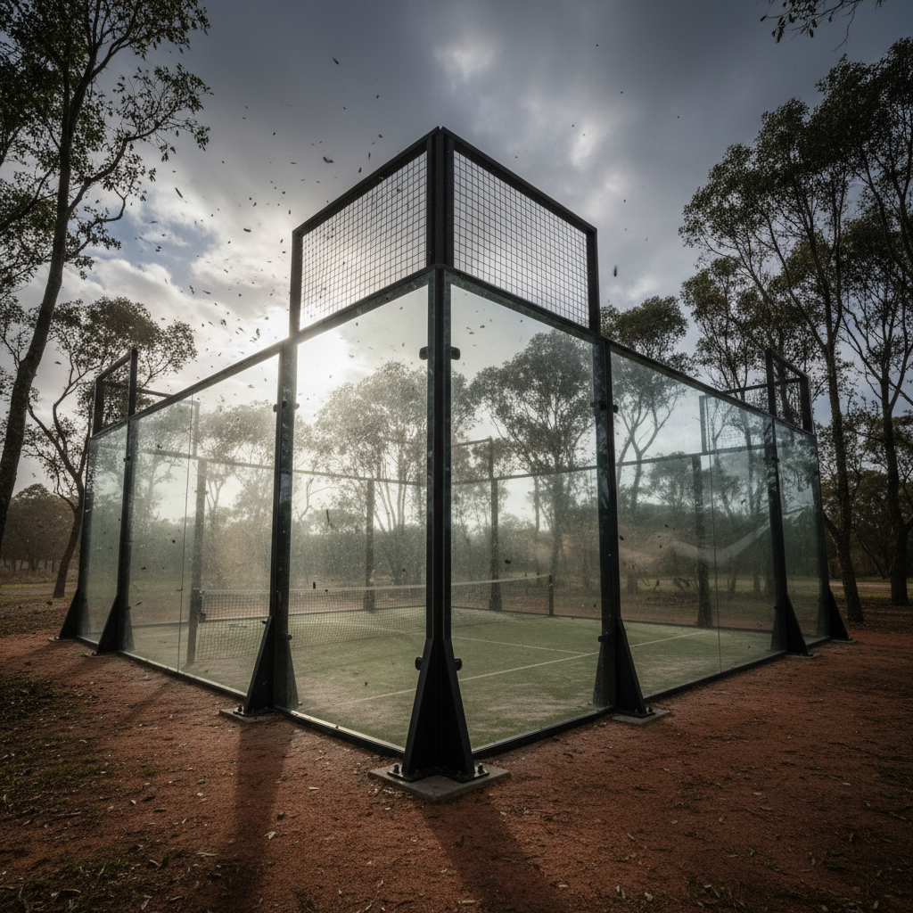 Technical diagram showing wind resistance forces acting on an outdoor padel court structure.