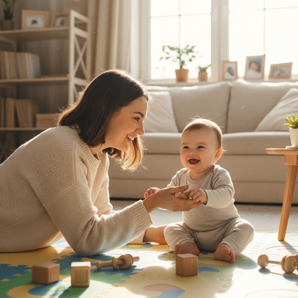 Mãe estimulando bebê no tapete EVA