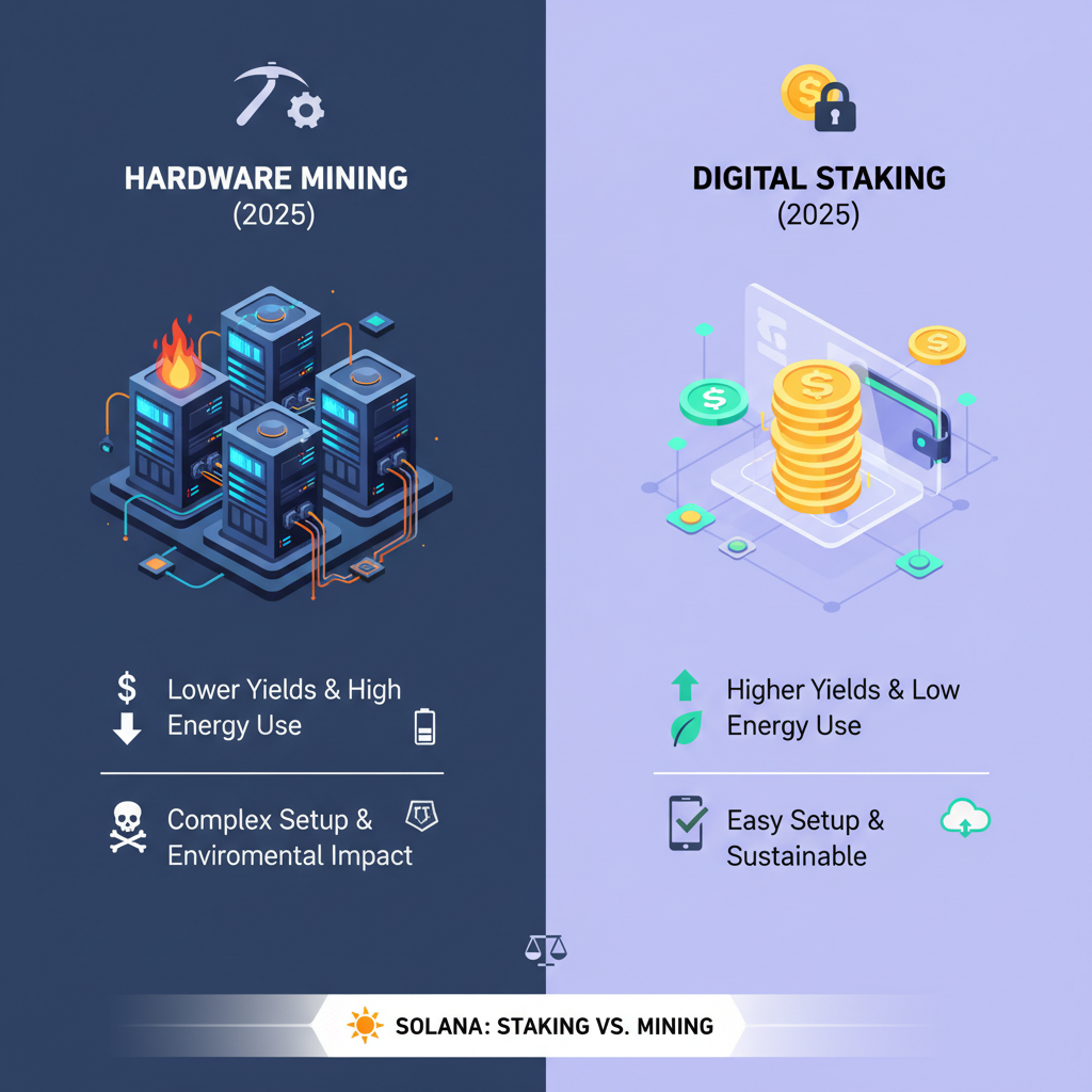 Visual comparison between Solana Proof of Stake nodes and Bitcoin ASIC Mining hardware