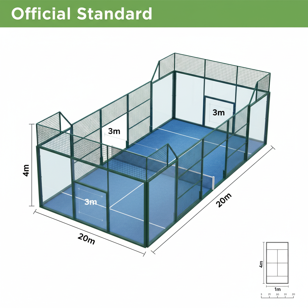 Technical blueprint showing padel field measurements