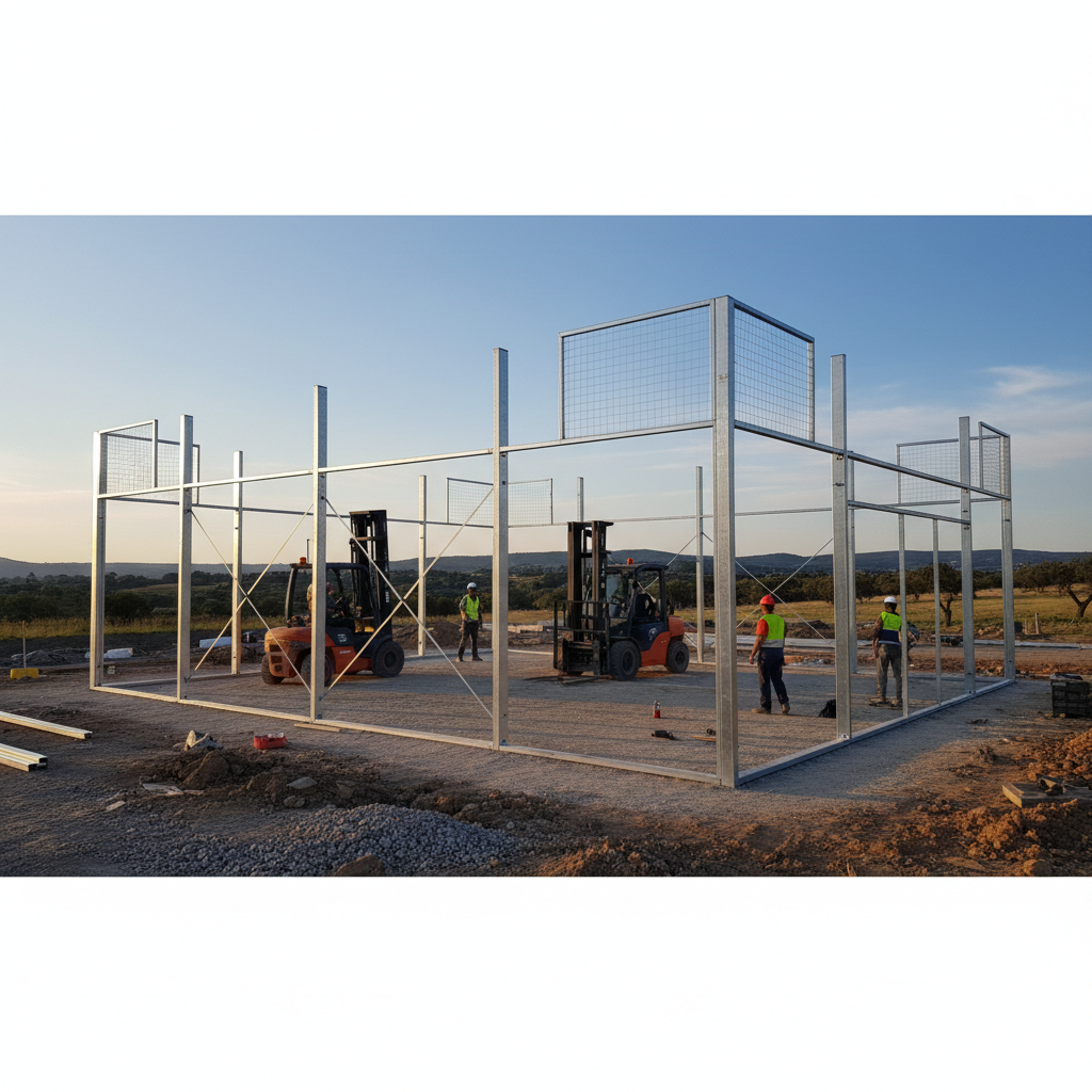 Steel structure of a padel court under construction against a blue sky.
