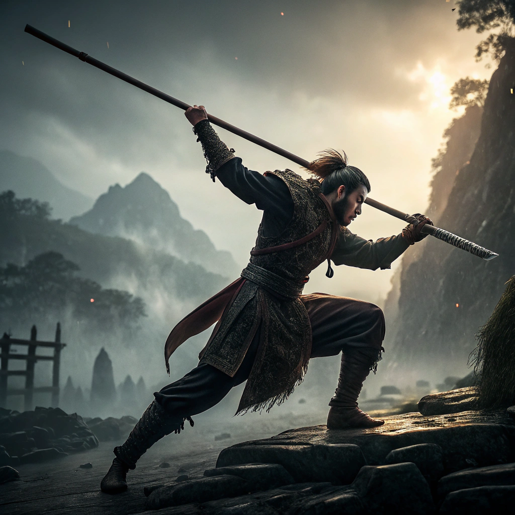 Wukong demonstrating formidable staff skills in a dynamic combat sequence.