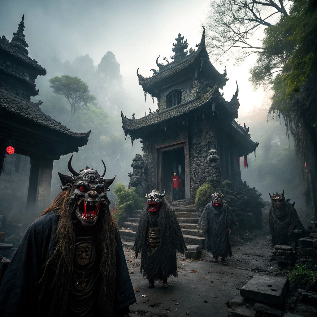 A diverse assembly of Yaoguai, showcasing unique monster designs in a dark fantasy Chinese environment.