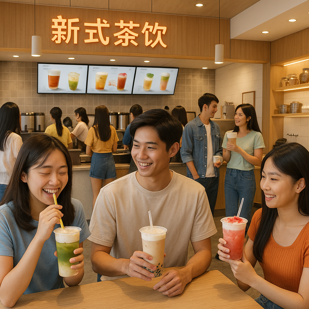 现代繁忙的中国茶饮店与年轻顾客