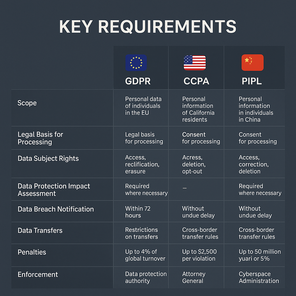 图 4.3 - 全球主要数据隐私法规核心要求对比图
